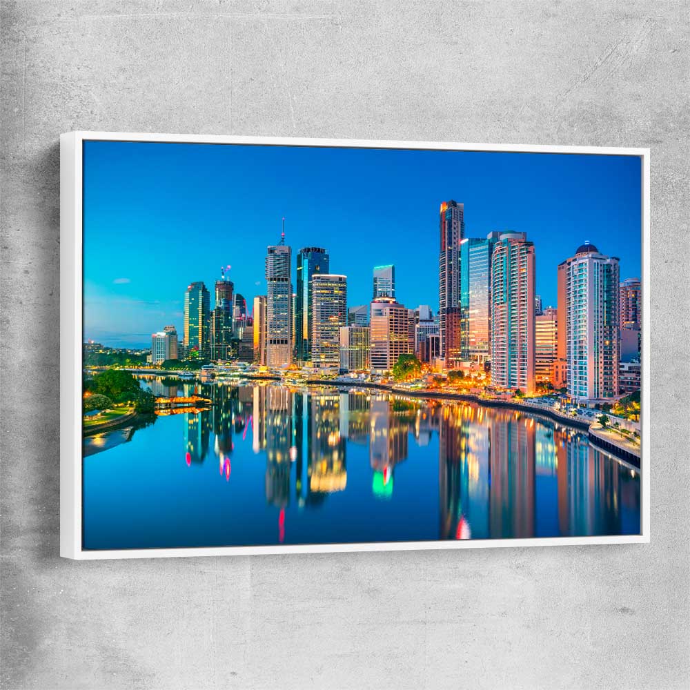 Brisbane Dawn Reflections white framed canvas is a high quality print in our city skyline, travel prints and maps collection
