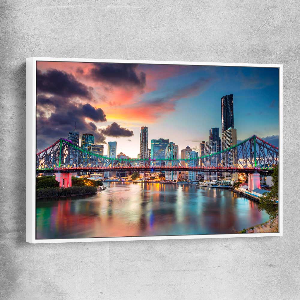 Brisbane Evening Sunset white framed canvas is a high quality print in our city skyline, travel prints and maps collection