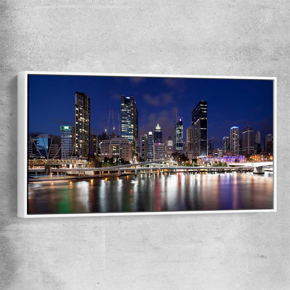 Brisbane Southbank Glow white framed canvas is a high quality print in our city skyline, travel prints and maps collection