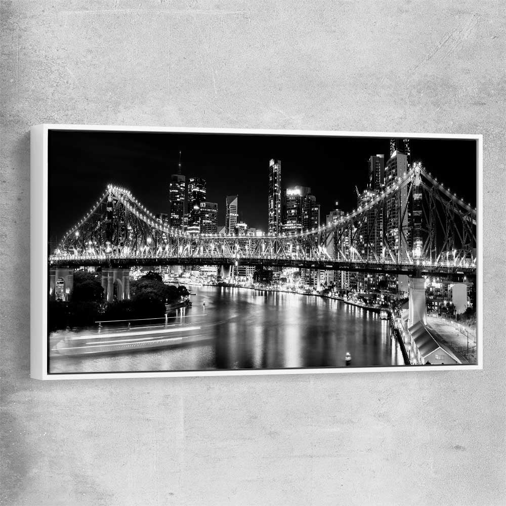 Brisbane Story Bridge white framed canvas is a high quality print in our city skyline, travel prints and maps collection