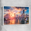 Brisbane Sunset Glow white framed canvas is a high quality print in our city skyline, travel prints and maps collection