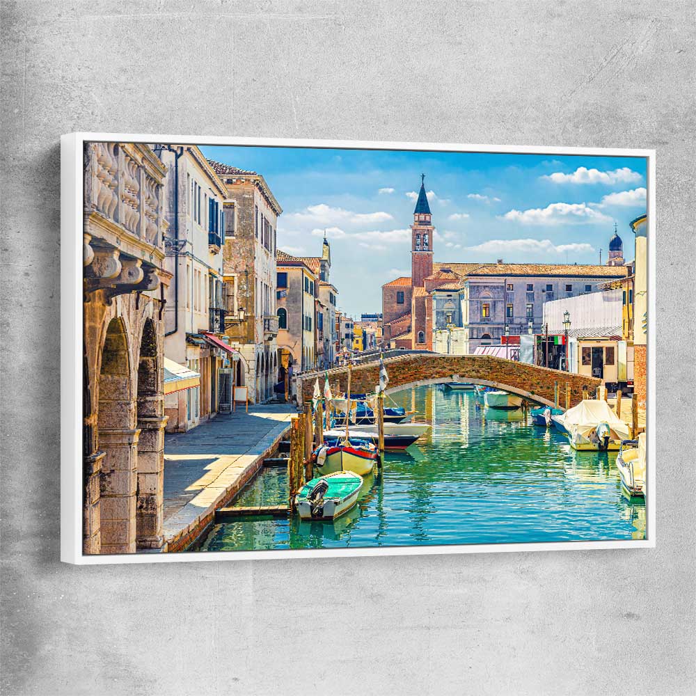 Chioggia Cityscape Italy white framed canvas is a high quality print in our city skyline, travel prints and maps collection