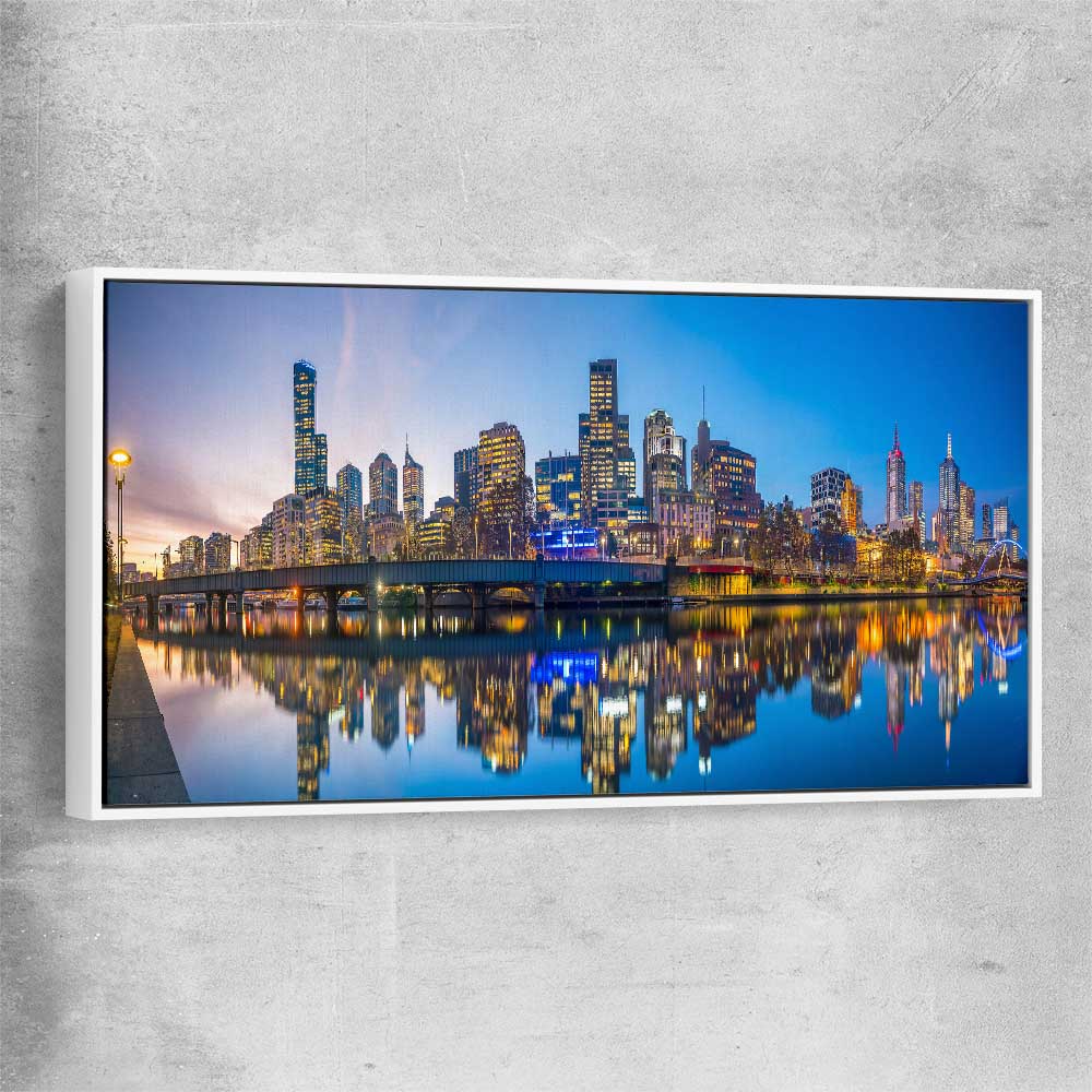 City Reflections Melbourne white framed canvas is a high quality print in our city skyline, travel prints and maps collection