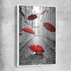 Flying Red Umbrellas white framed canvas is a high quality print in our city skyline, travel prints and maps collection