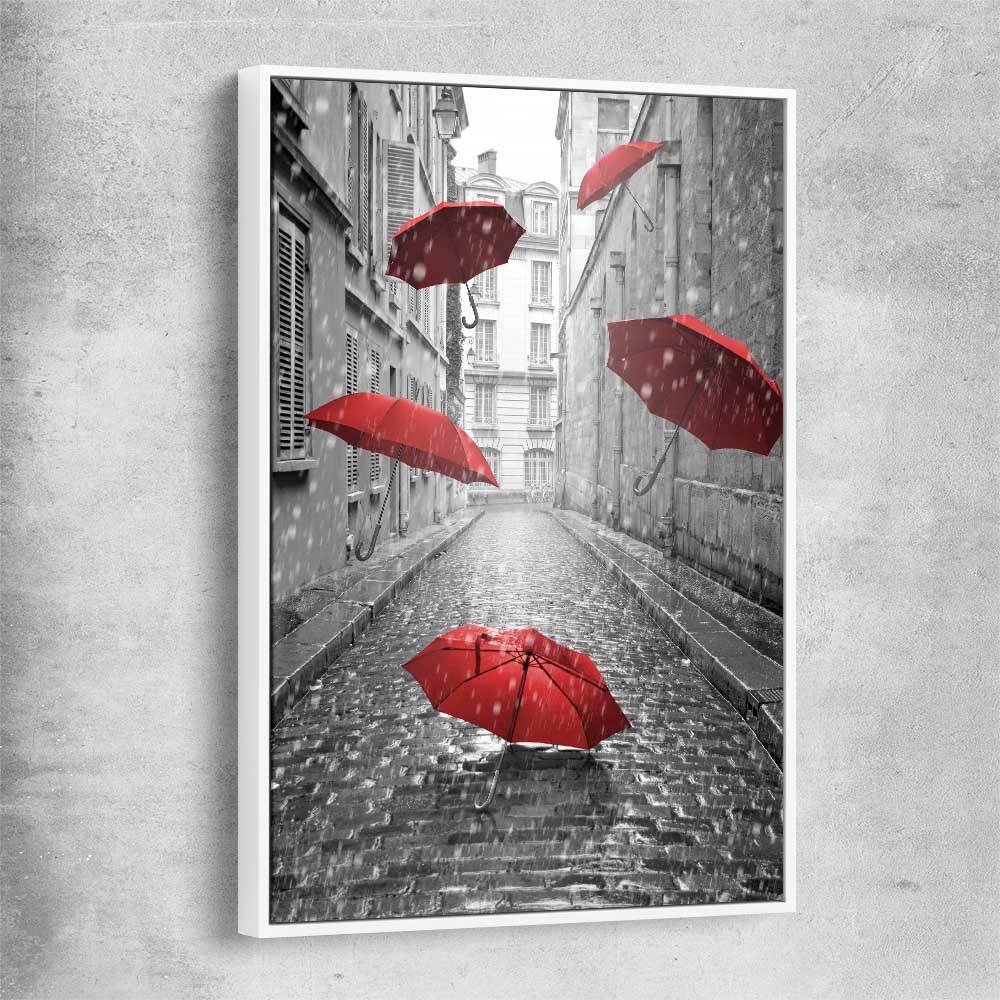Flying Red Umbrellas white framed canvas is a high quality print in our city skyline, travel prints and maps collection