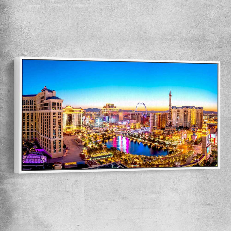 Golden Vegas white framed canvas is a high quality print in our city skyline, travel prints and maps collection