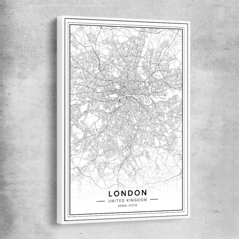 London City white framed canvas is a high quality print in our city skyline, travel prints and maps collection