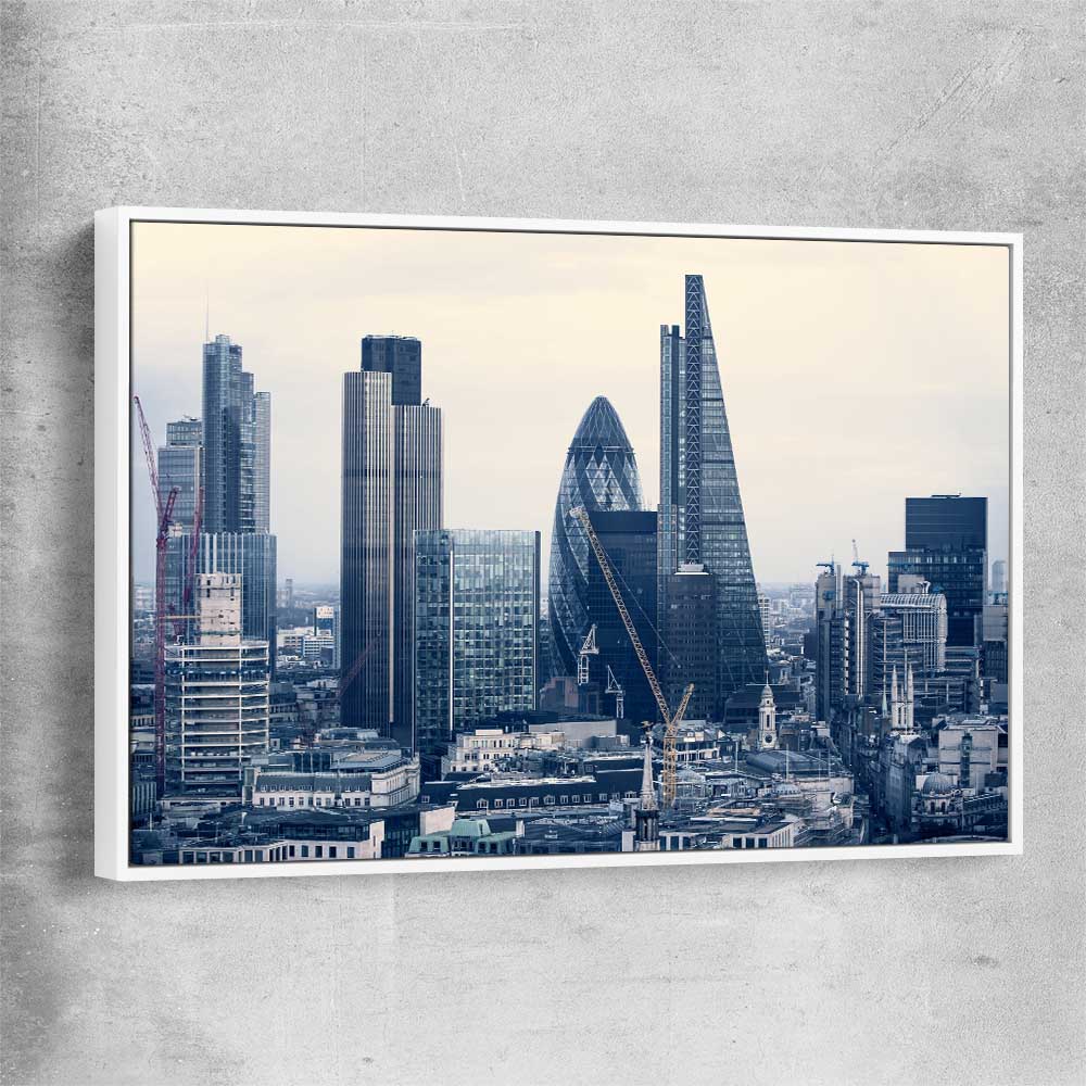 London Cityscape white framed canvas is a high quality print in our city skyline, travel prints and maps collection