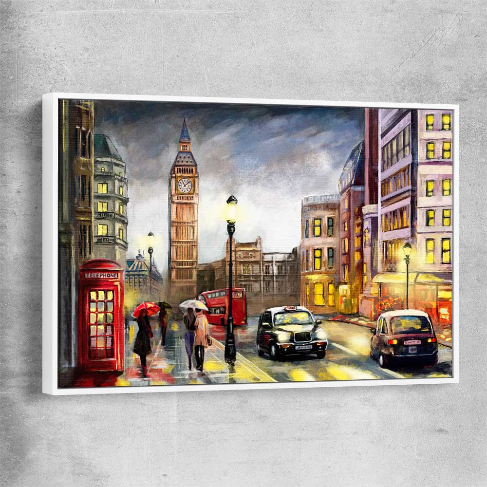 London Night Rain white framed canvas is a high quality print in our city skyline, travel prints and maps collection
