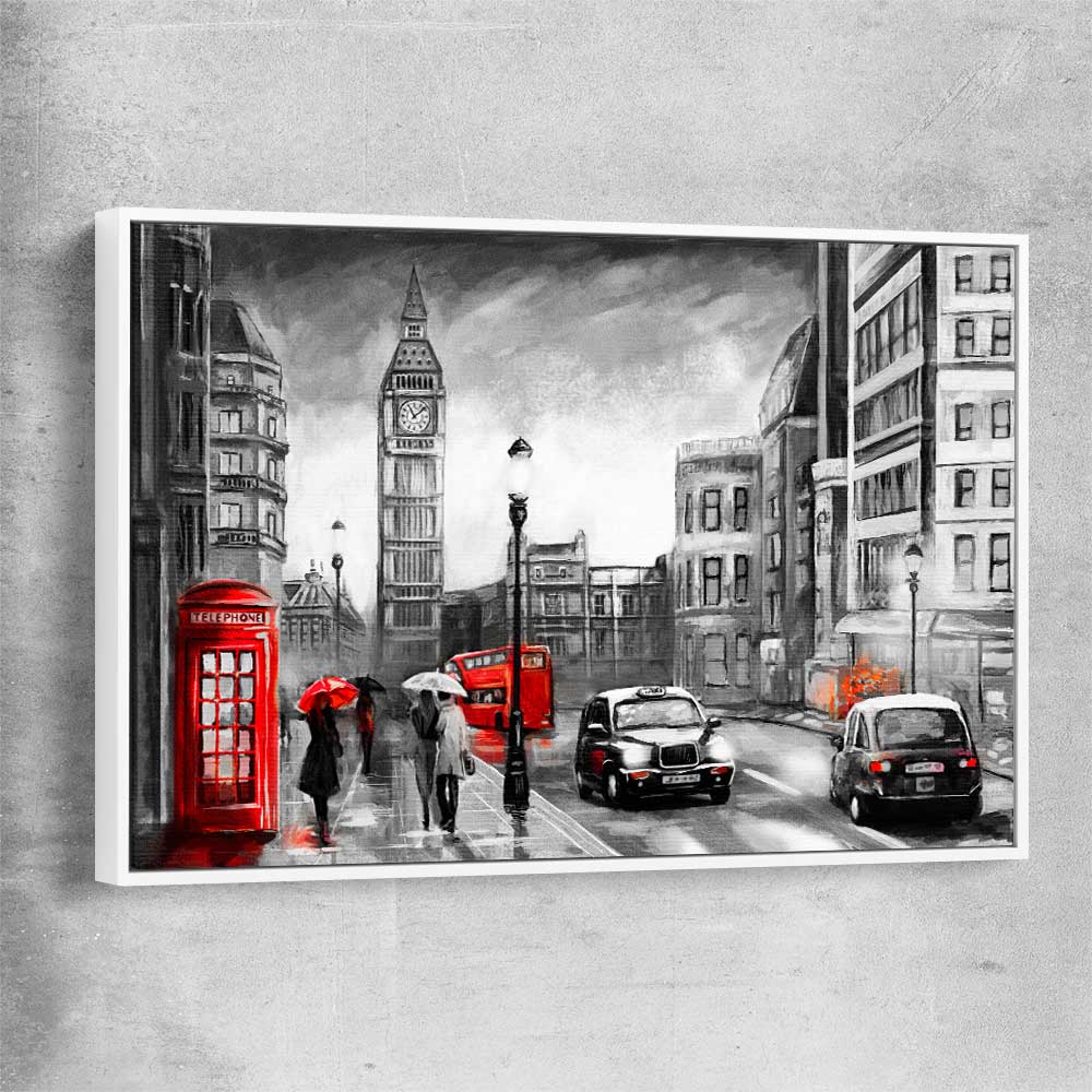 London Streetscape white framed canvas is a high quality print in our city skyline, travel prints and maps collection