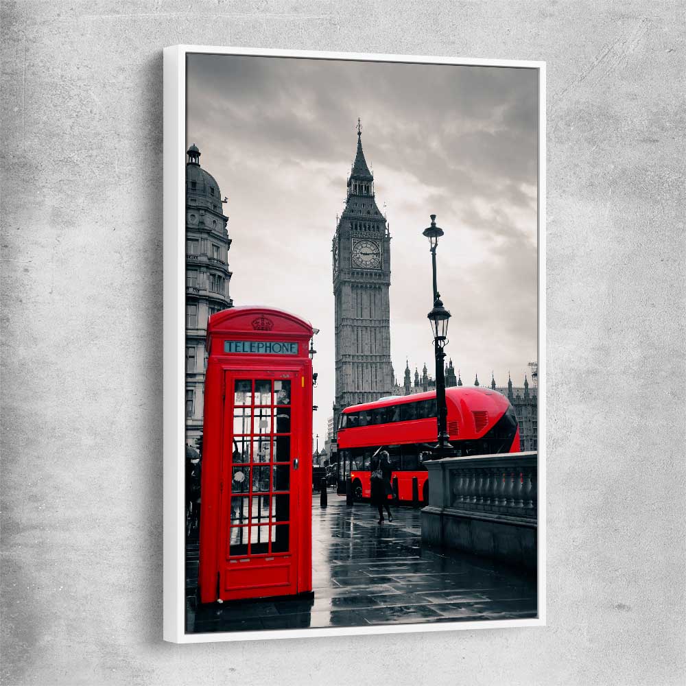 London Telephone Box white framed canvas is a high quality print in our city skyline, travel prints and maps collection
