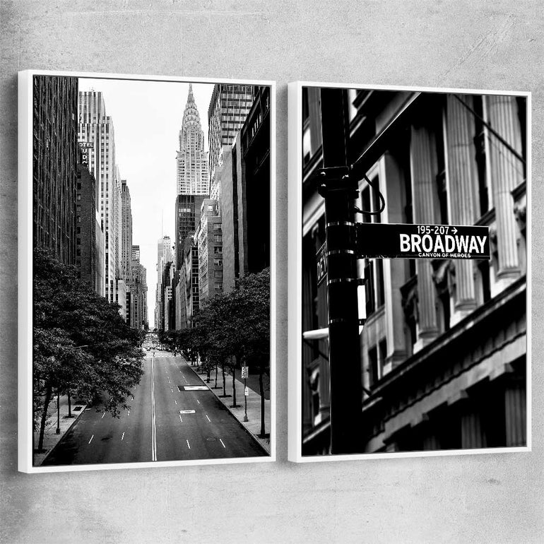 Manhattan Street Pair white framed canvas is a high quality print in our city skyline, travel prints and maps collection