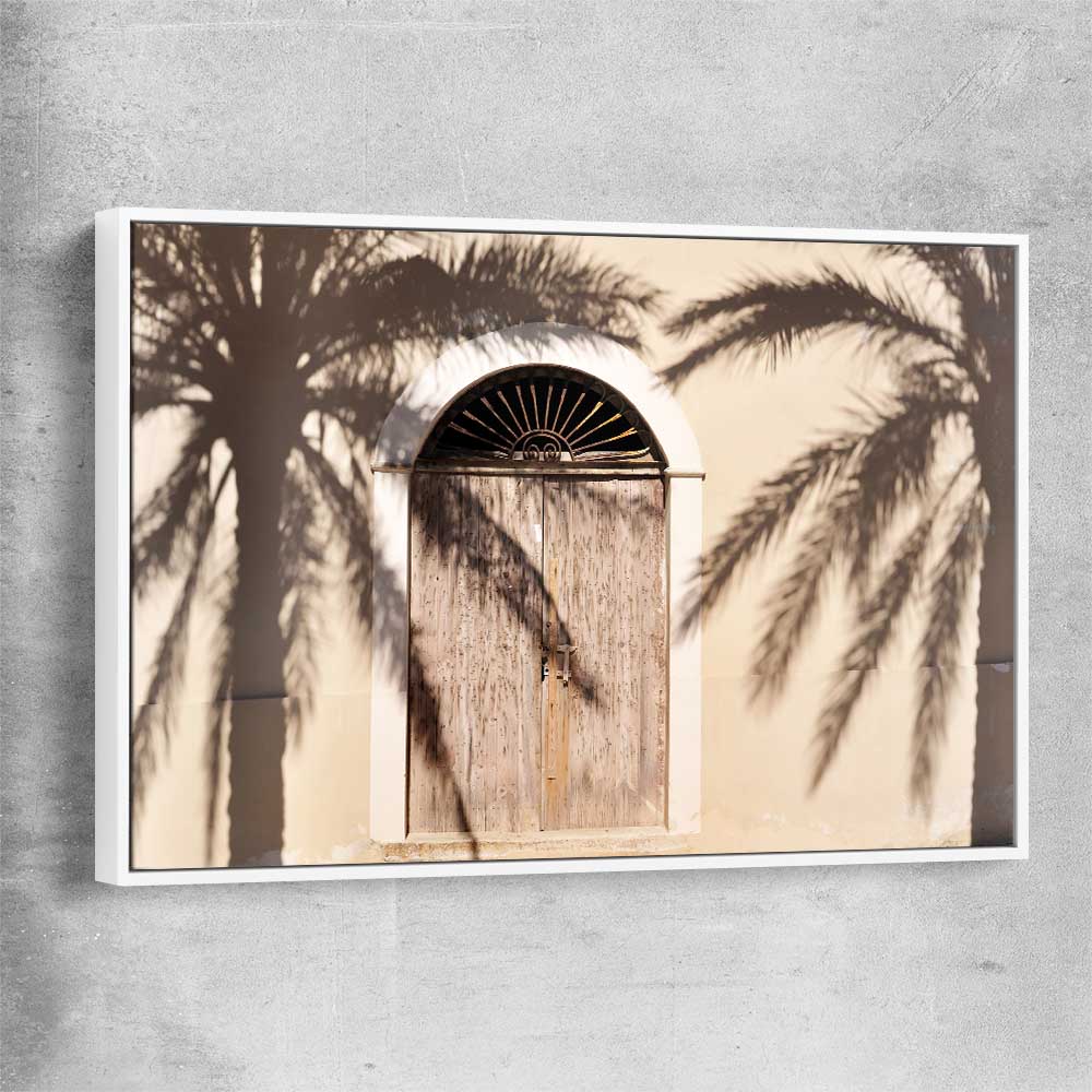 Marrakech Palm Shadows white framed canvas is a high quality print in our city skyline, travel prints and maps collection