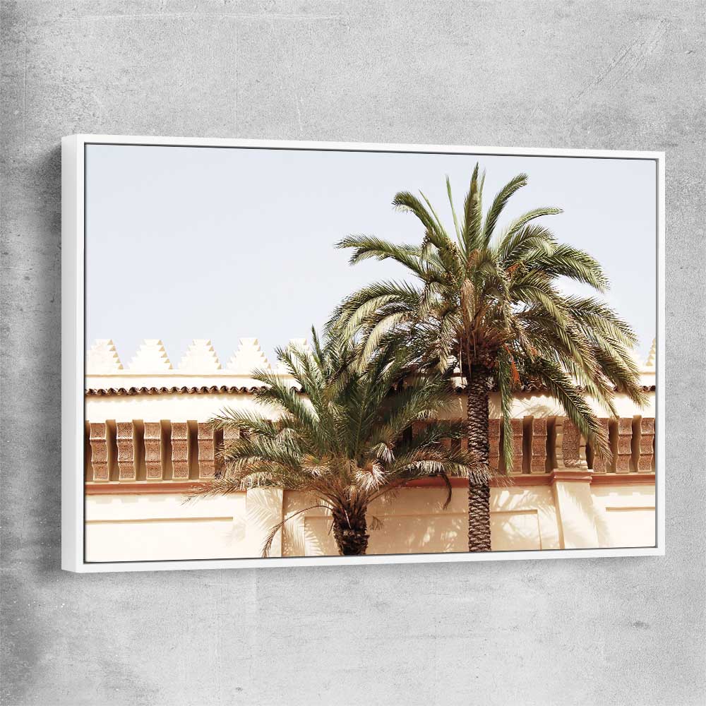 Marrakech Palm Walls white framed canvas is a high quality print in our city skyline, travel prints and maps collection