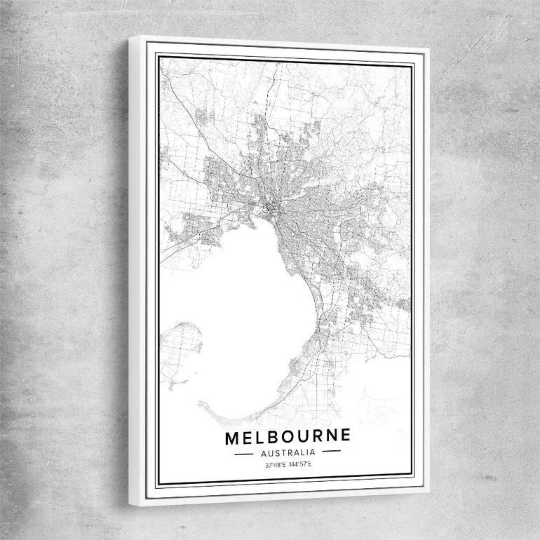 Melbourne City white framed canvas is a high quality print in our city skyline, travel prints and maps collection