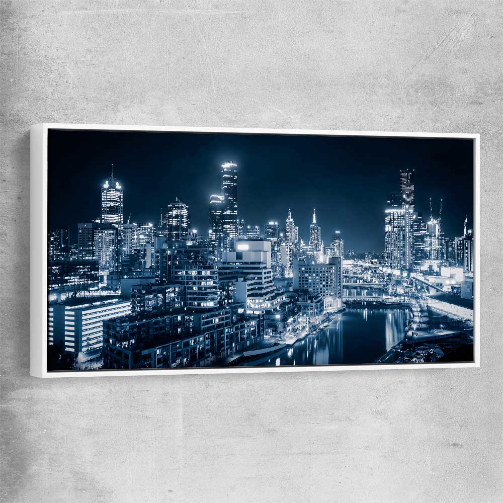 Melbourne City Glow white framed canvas is a high quality print in our city skyline, travel prints and maps collection