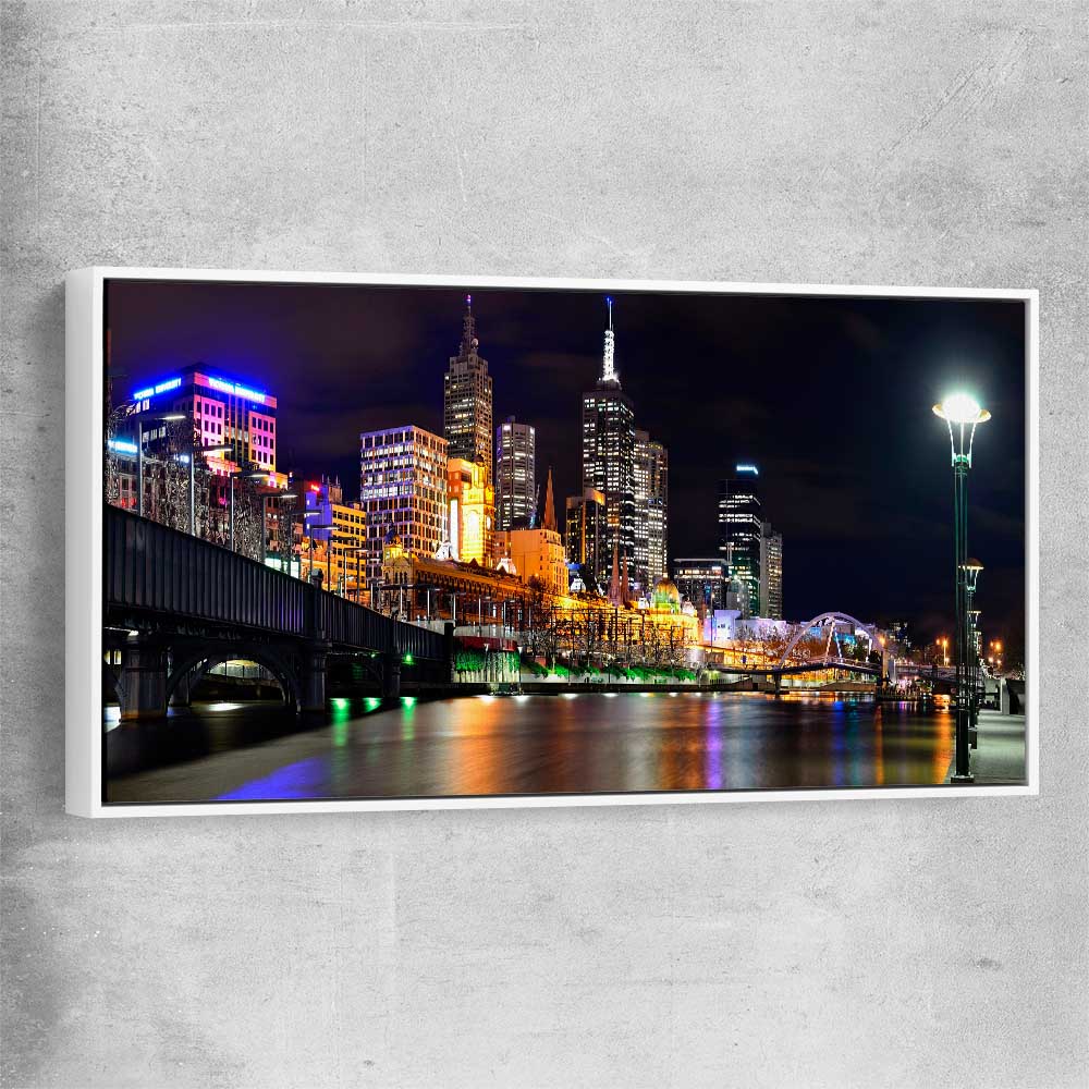 Melbourne City Lights white framed canvas is a high quality print in our city skyline, travel prints and maps collection