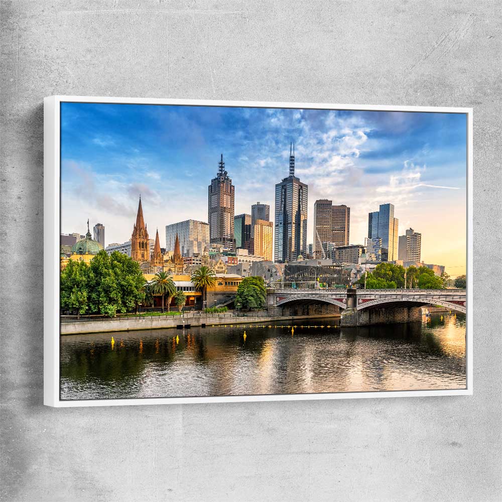 Melbourne Golden Skyline white framed canvas is a high quality print in our city skyline, travel prints and maps collection