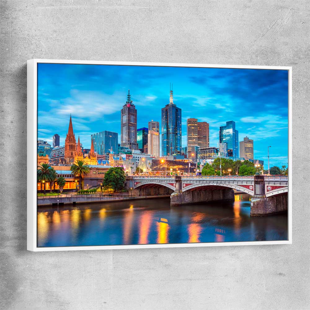Melbourne Twilight Skyline white framed canvas is a high quality print in our city skyline, travel prints and maps collection