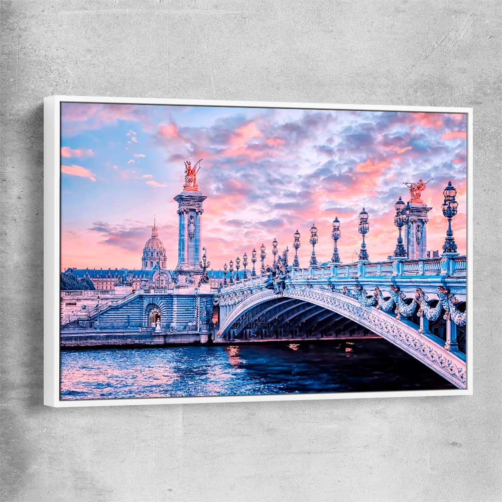 Paris Bridge Sunset white framed canvas is a high quality print in our city skyline, travel prints and maps collection