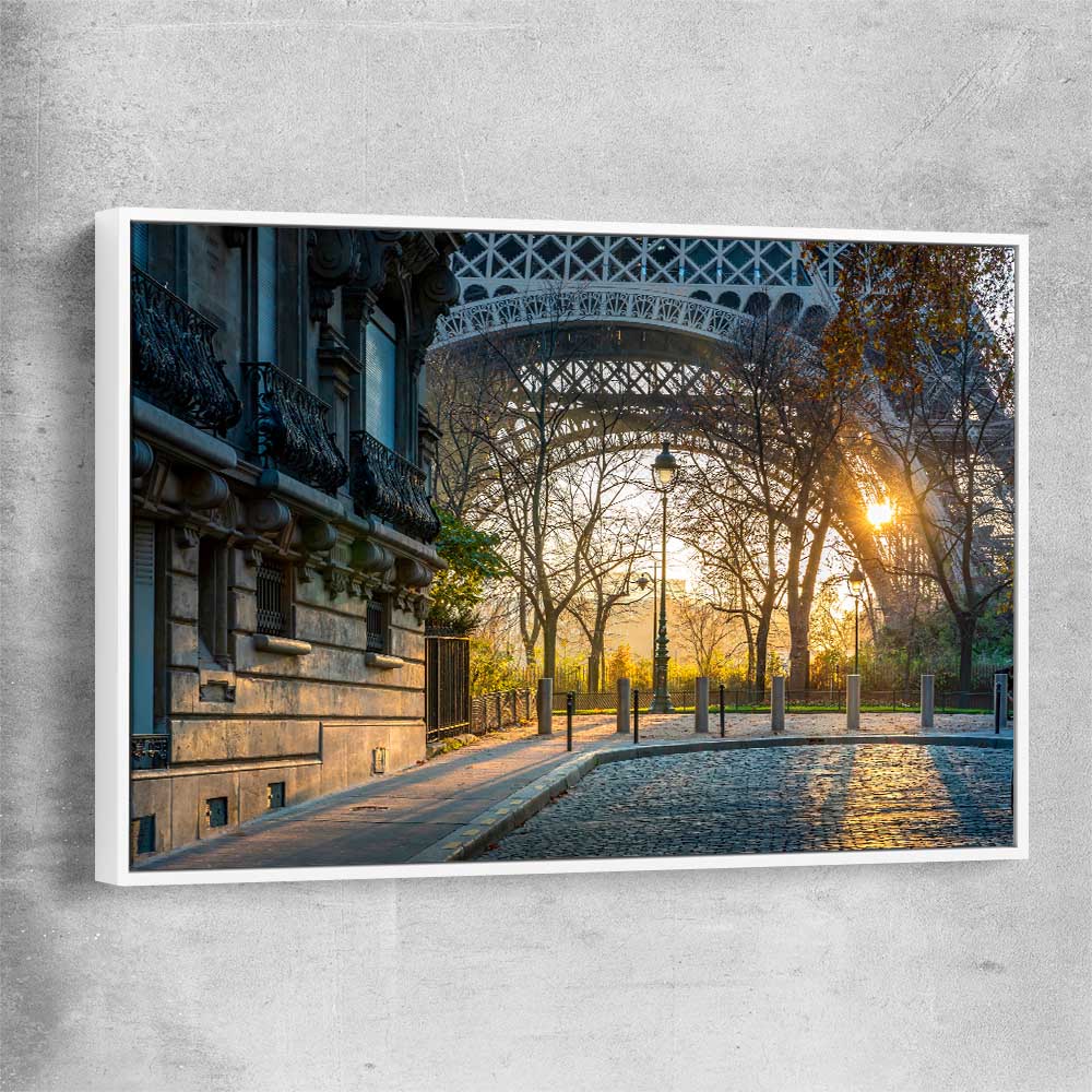 Paris Evening Light white framed canvas is a high quality print in our city skyline, travel prints and maps collection