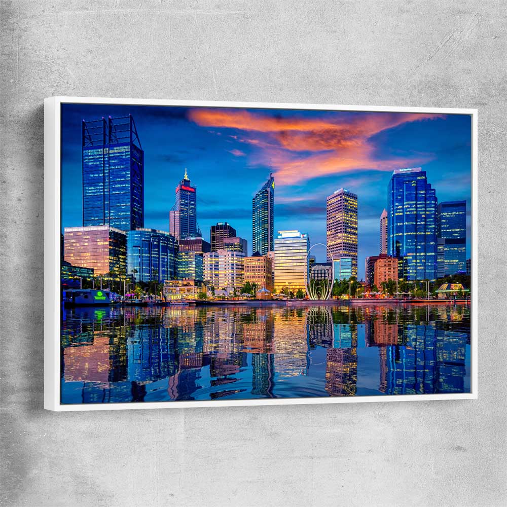 Perth Skyline Sunset white framed canvas is a high quality print in our city skyline, travel prints and maps collection