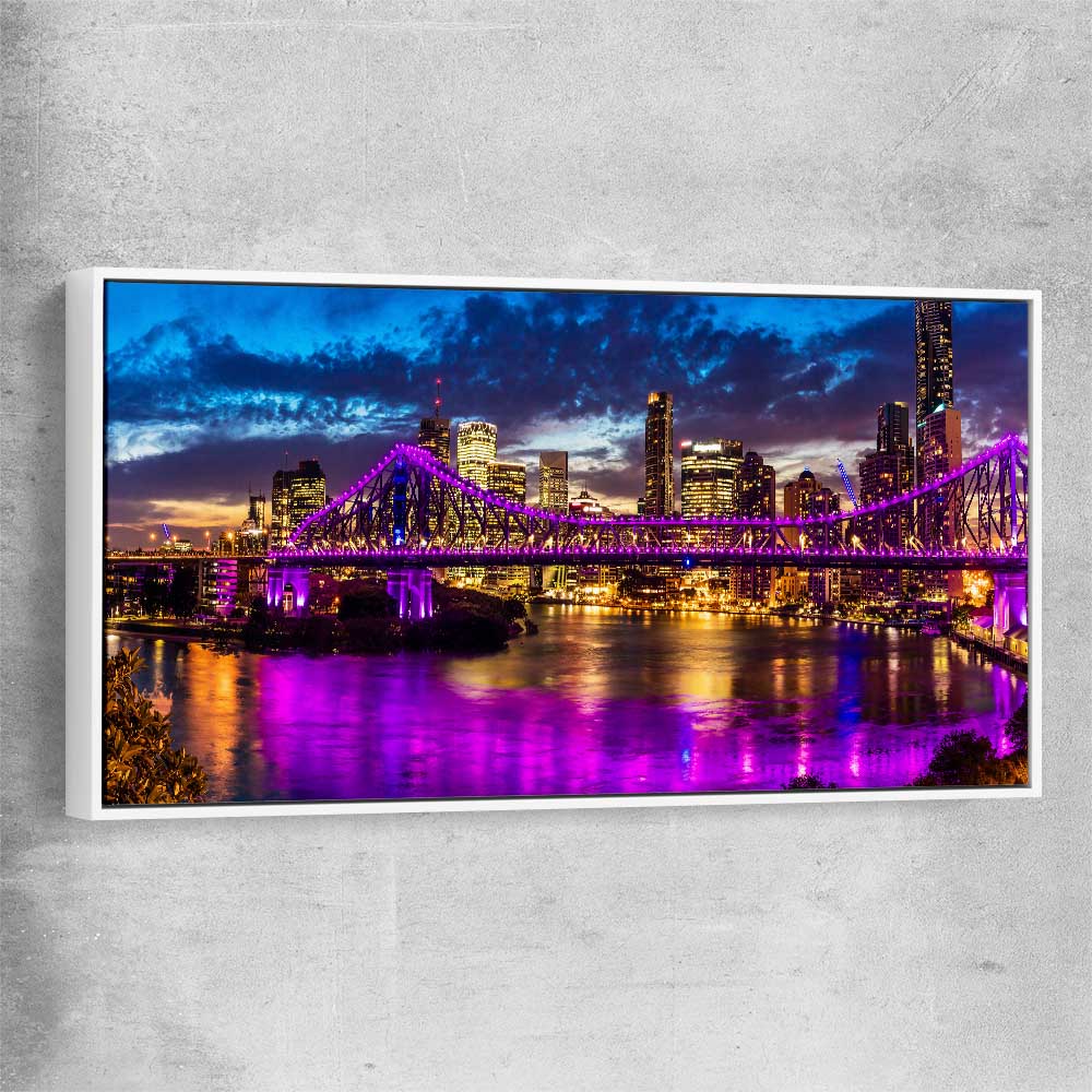 Story Bridge Glow white framed canvas is a high quality print in our city skyline, travel prints and maps collection