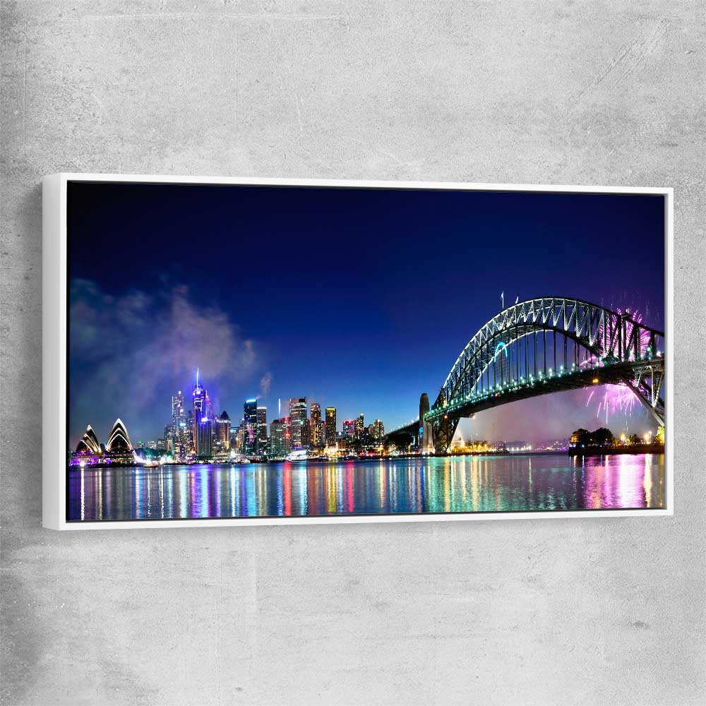 Sydney Harbour Lights white framed canvas is a high quality print in our city skyline, travel prints and maps collection