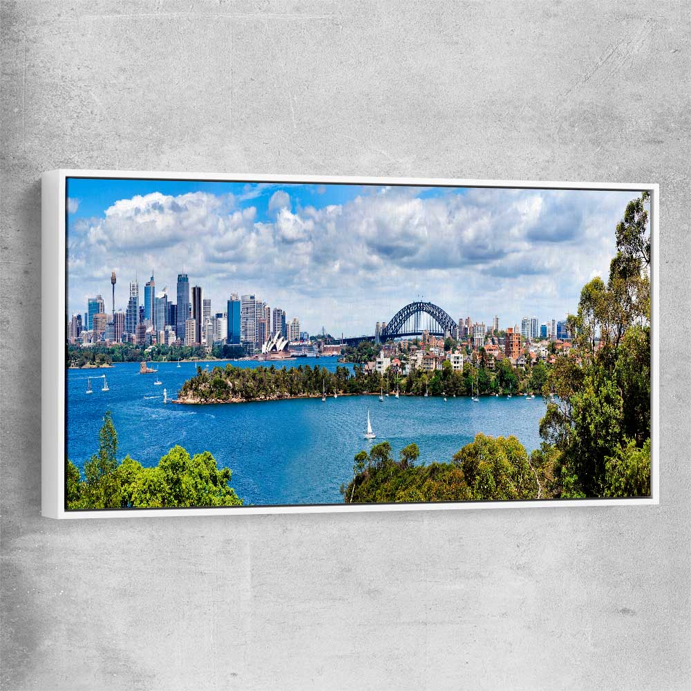 Sydney Harbour Panorama white framed canvas is a high quality print in our city skyline, travel prints and maps collection