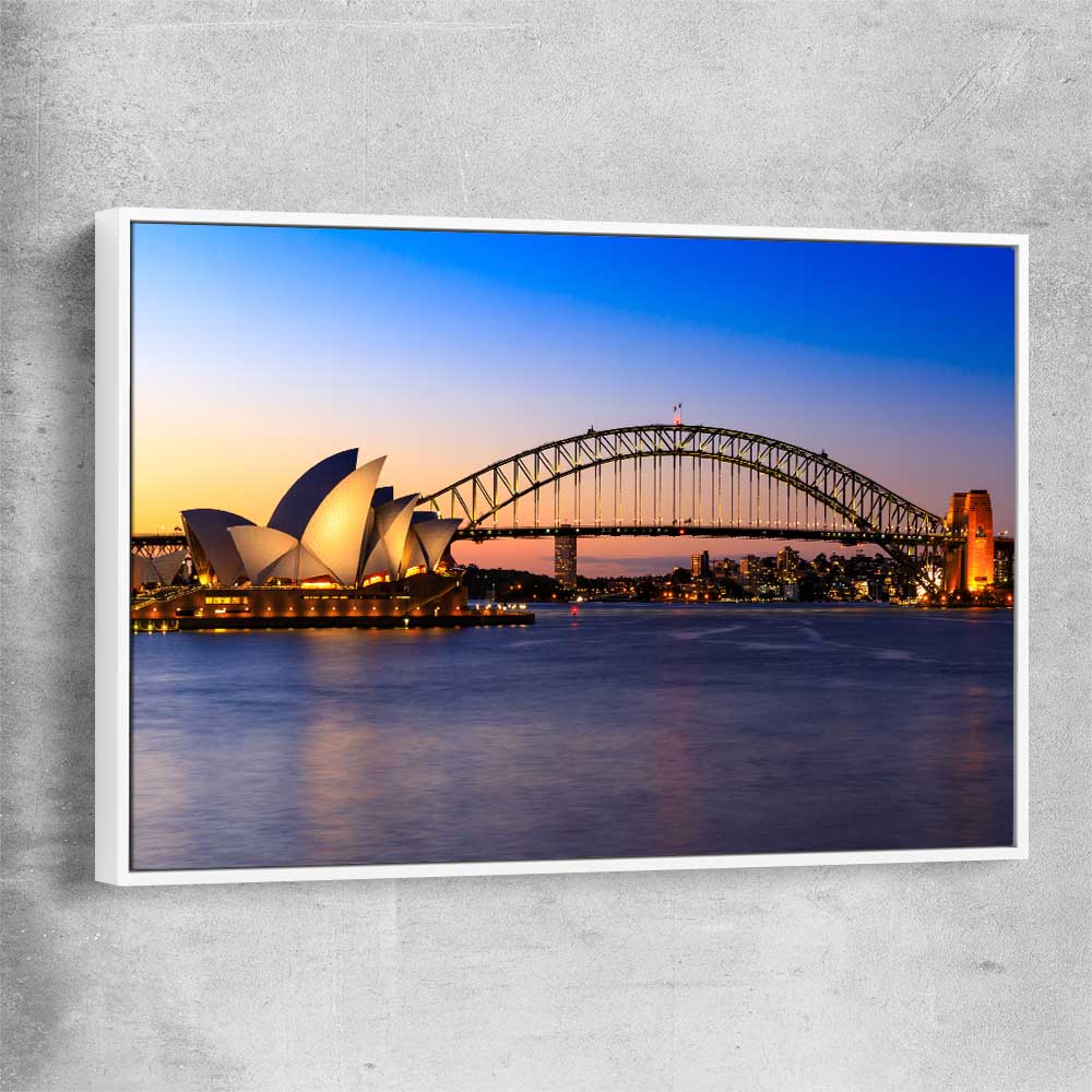 Sydney Harbour Sunset white framed canvas is a high quality print in our city skyline, travel prints and maps collection