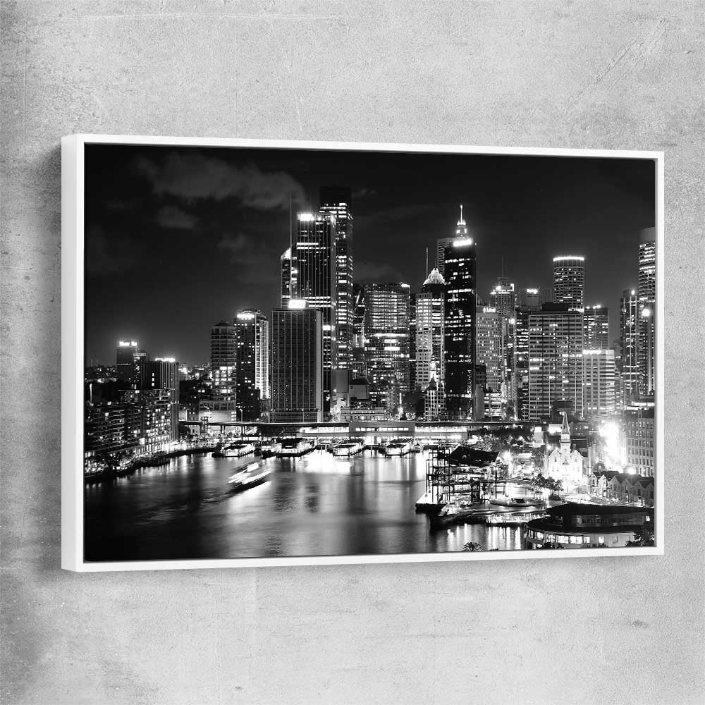 Sydney Night Skyline white framed canvas is a high quality print in our city skyline, travel prints and maps collection