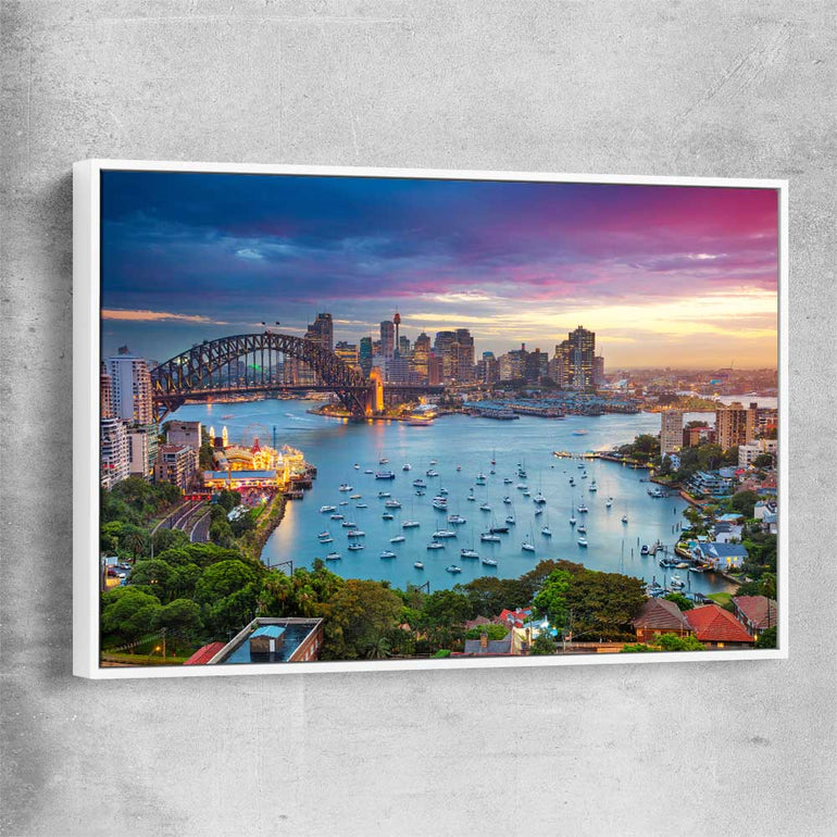Sydney Sunset white framed canvas is a high quality print in our city skyline, travel prints and maps collection
