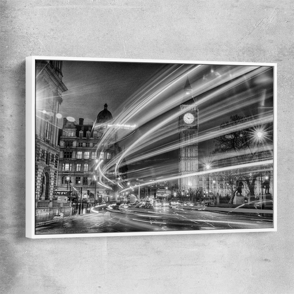 Urban London Lights white framed canvas is a high quality print in our city skyline, travel prints and maps collection