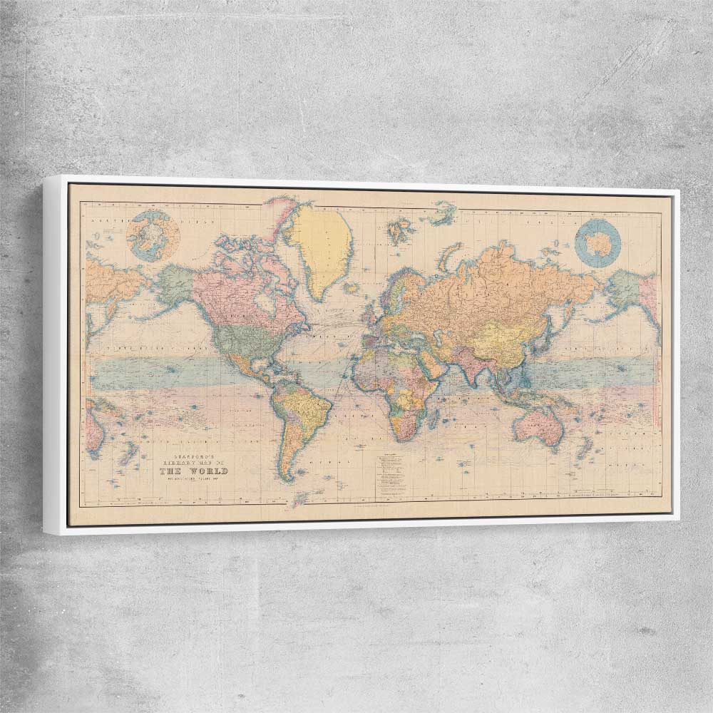 Vintage Map Colour white framed canvas is a high quality print in our city skyline, travel prints and maps collection