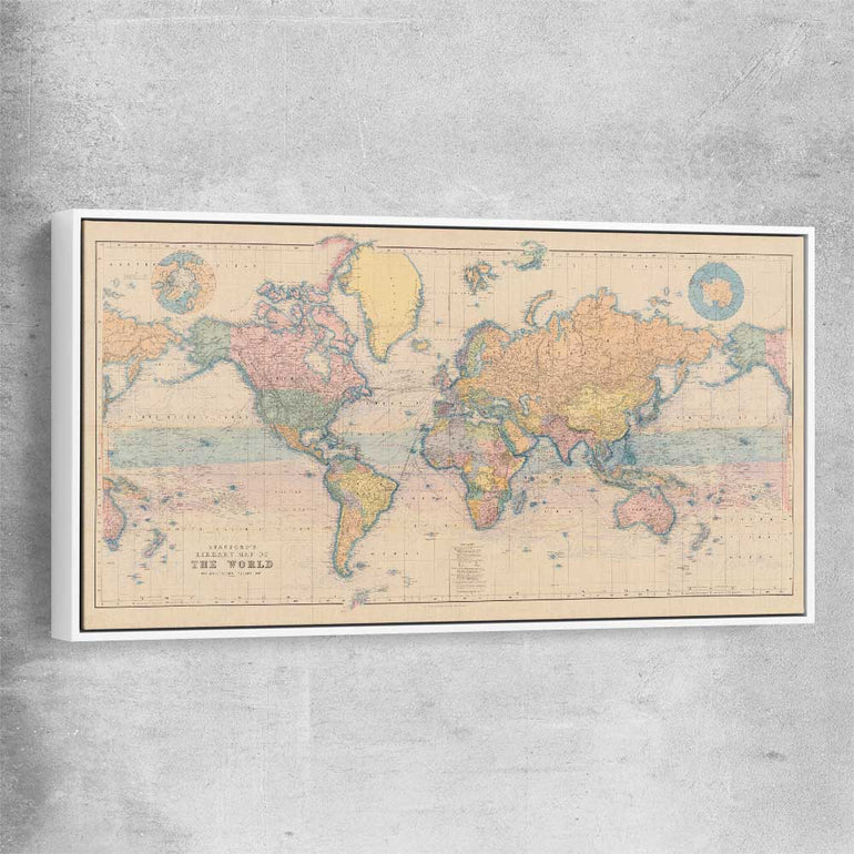 Vintage Map Colour white framed canvas is a high quality print in our city skyline, travel prints and maps collection