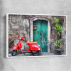 Vintage Red Scooter white framed canvas is a high quality print in our city skyline, travel prints and maps collection