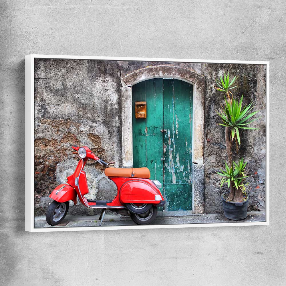 Vintage Red Scooter white framed canvas is a high quality print in our city skyline, travel prints and maps collection