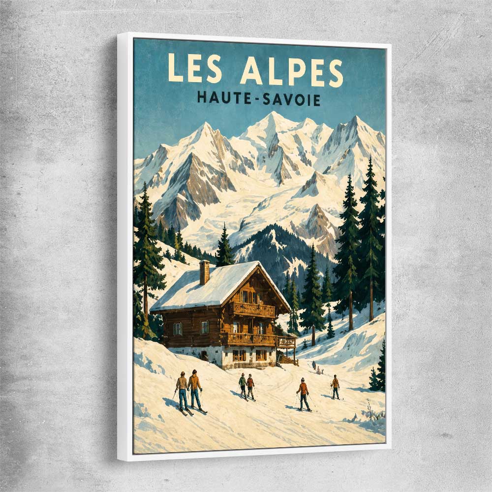Les Alpes white framed canvas is a high quality print in our city skyline, travel prints and maps collection