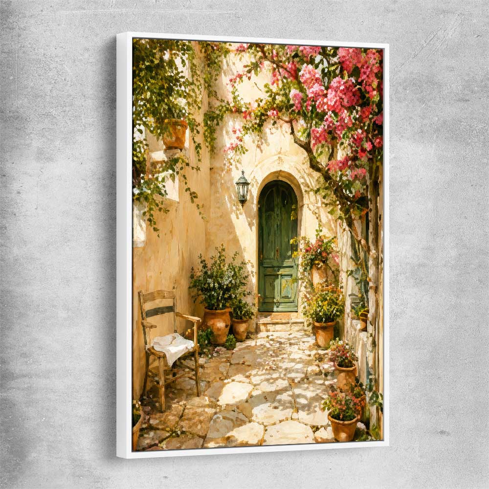 Sunlit Courtyard white framed canvas is a high quality print in our city skyline, travel prints and maps collection