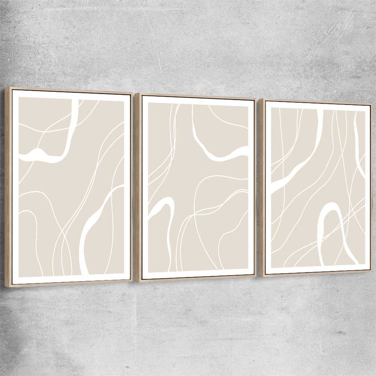 Beige Lines Set raw oak framed canvas - part of our high quality canvas abstract wall art collection