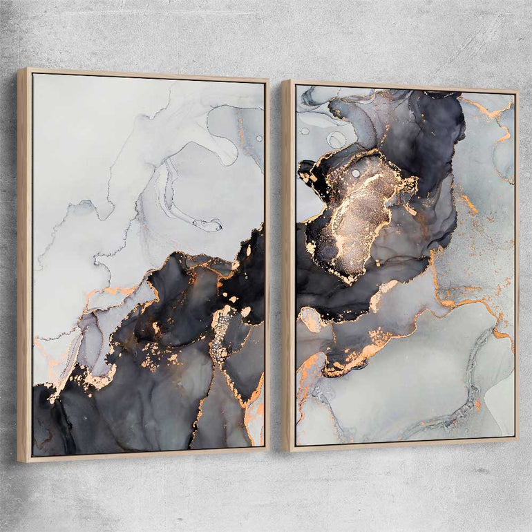 Darkened Gold Pair raw oak framed canvas - part of our high quality canvas abstract wall art collection