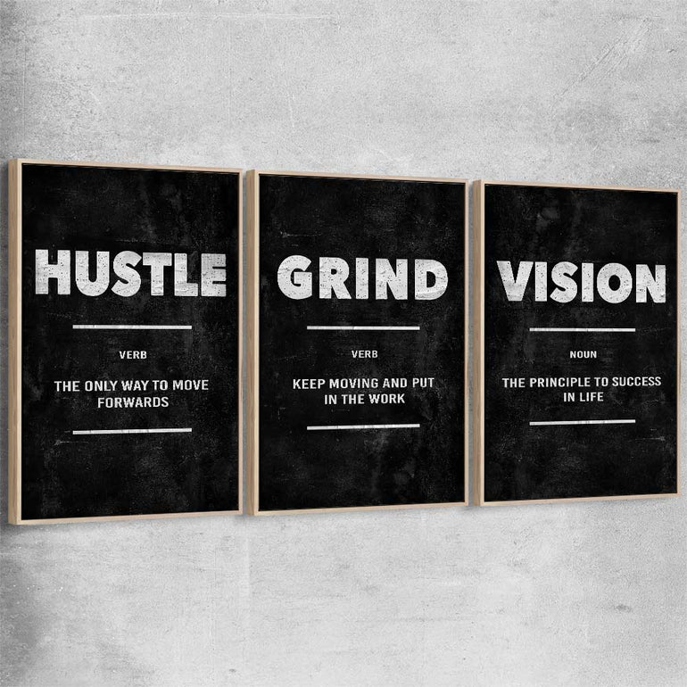 Inspirational wall art print of Hustle Definition Set with raw oak framed canvas