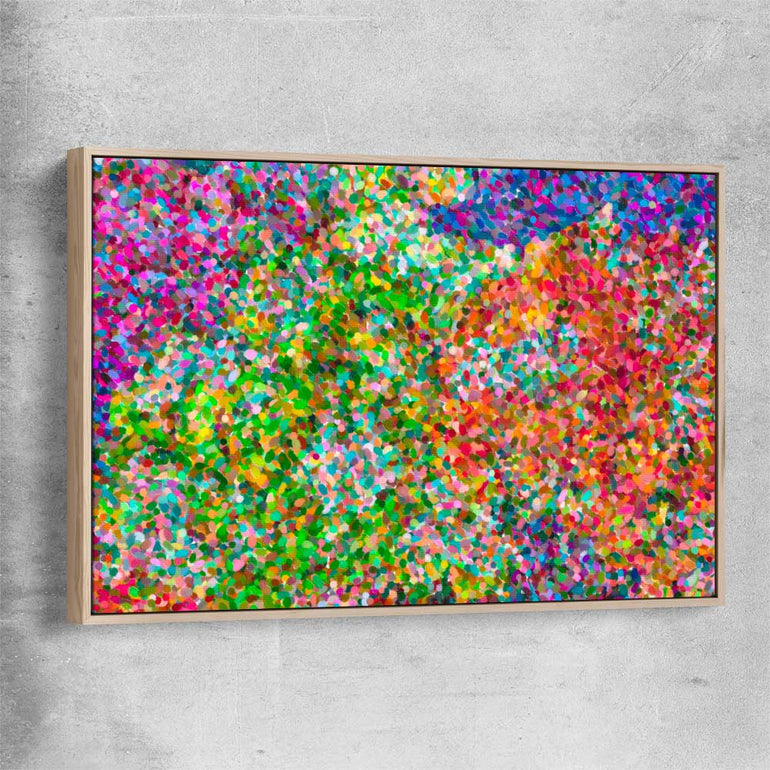 Pointillist Burst raw oak framed canvas - part of our high quality canvas abstract wall art collection