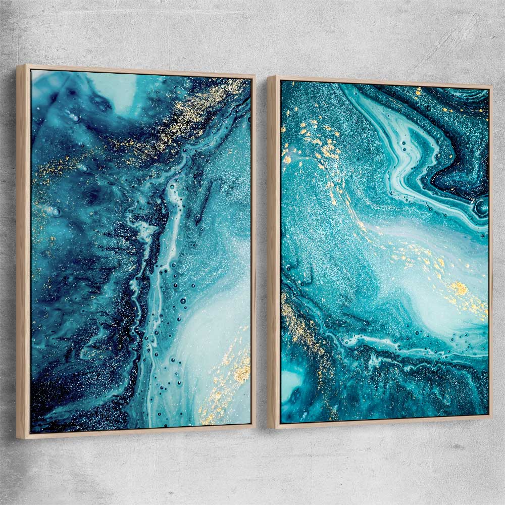 Turquoise Ocean Pair raw oak framed canvas - part of our high quality canvas abstract wall art collection