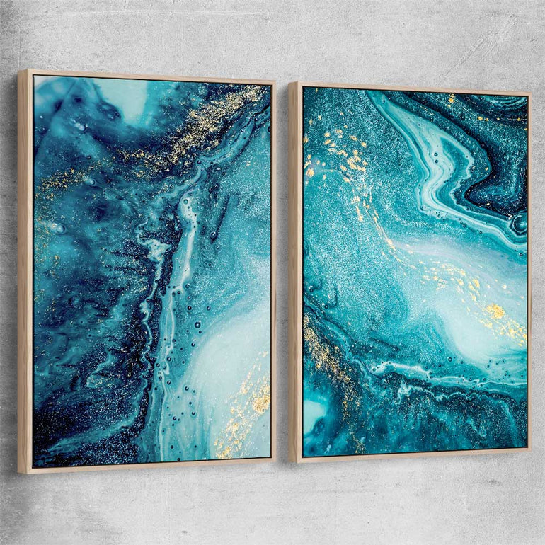 Turquoise Ocean Pair raw oak framed canvas - part of our high quality canvas abstract wall art collection