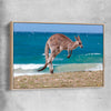 Animal wall art and canvas prints of Coastal Kangaroo Leap with raw oak framed canvas