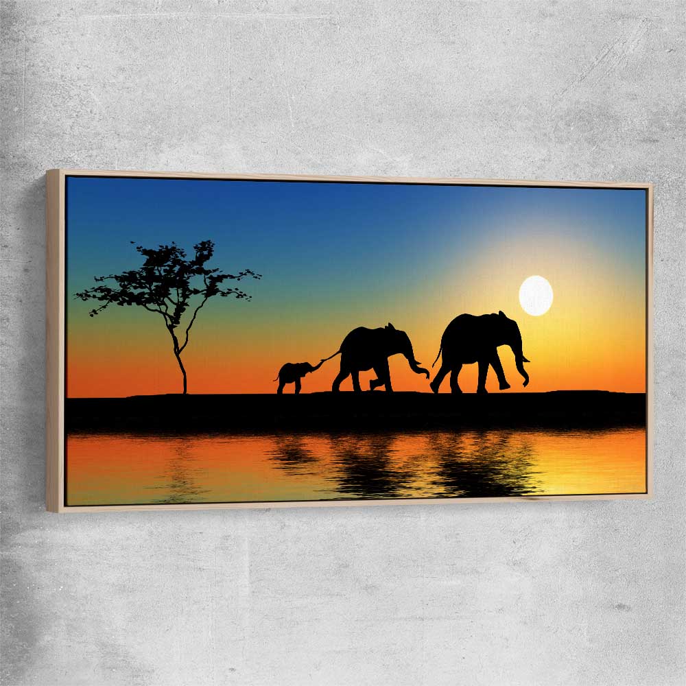 Animal wall art and canvas prints of Elephant Family with raw oak framed canvas