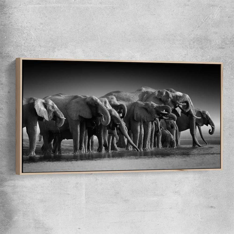 Animal wall art and canvas prints of Elephant Herd with raw oak framed canvas