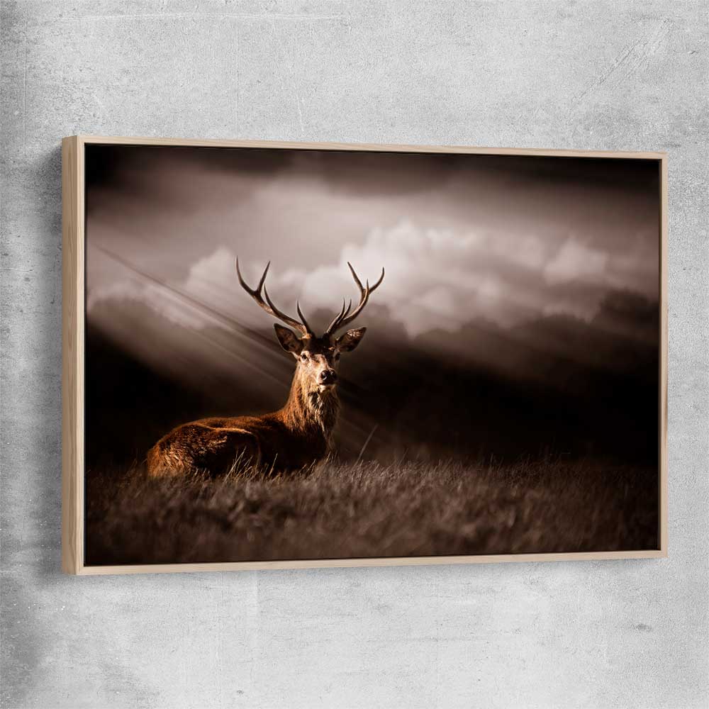 Animal wall art and canvas prints of Glowing Deer with raw oak framed canvas