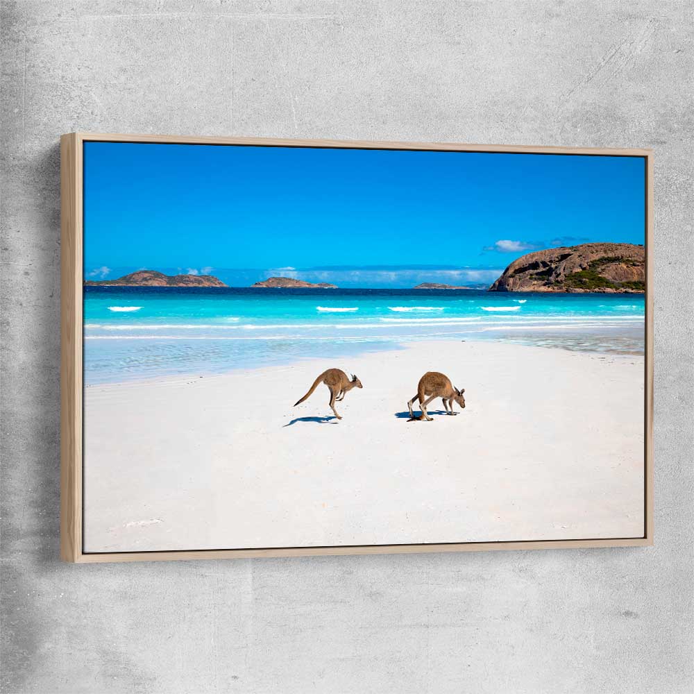 Animal wall art and canvas prints of Kangaroo Beach Couple with raw oak framed canvas